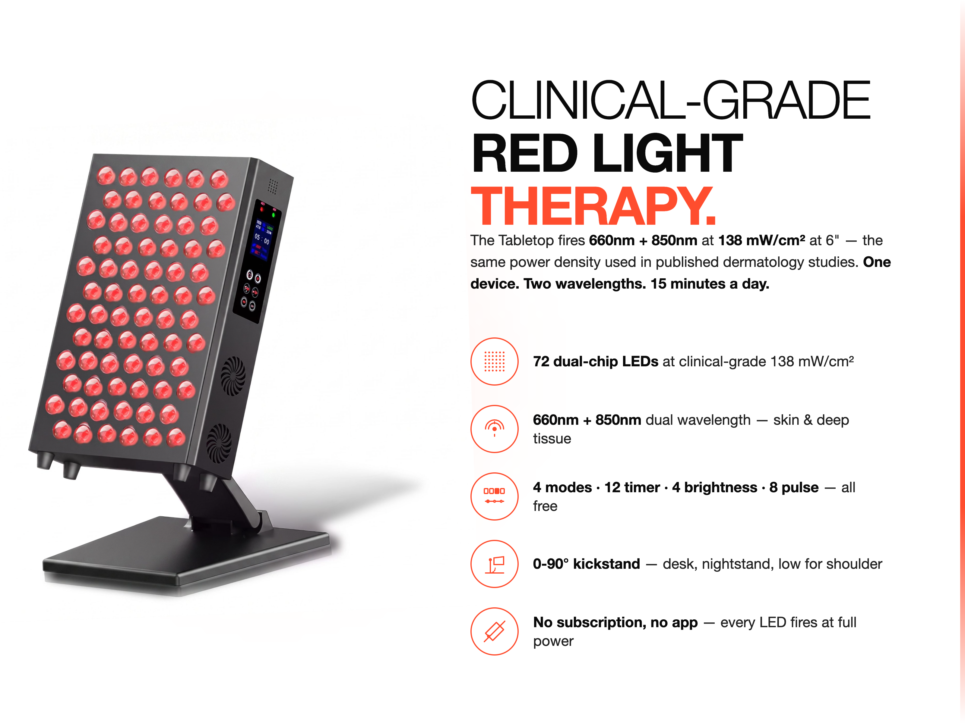 The Tabletop - clinical-grade red light therapy at a glance: 72 dual-chip LEDs at 138 mW/cm², 660nm + 850nm dual wavelength, 4 modes / 12 timer / 4 brightness / 8 pulse, 0-90° kickstand, no subscription