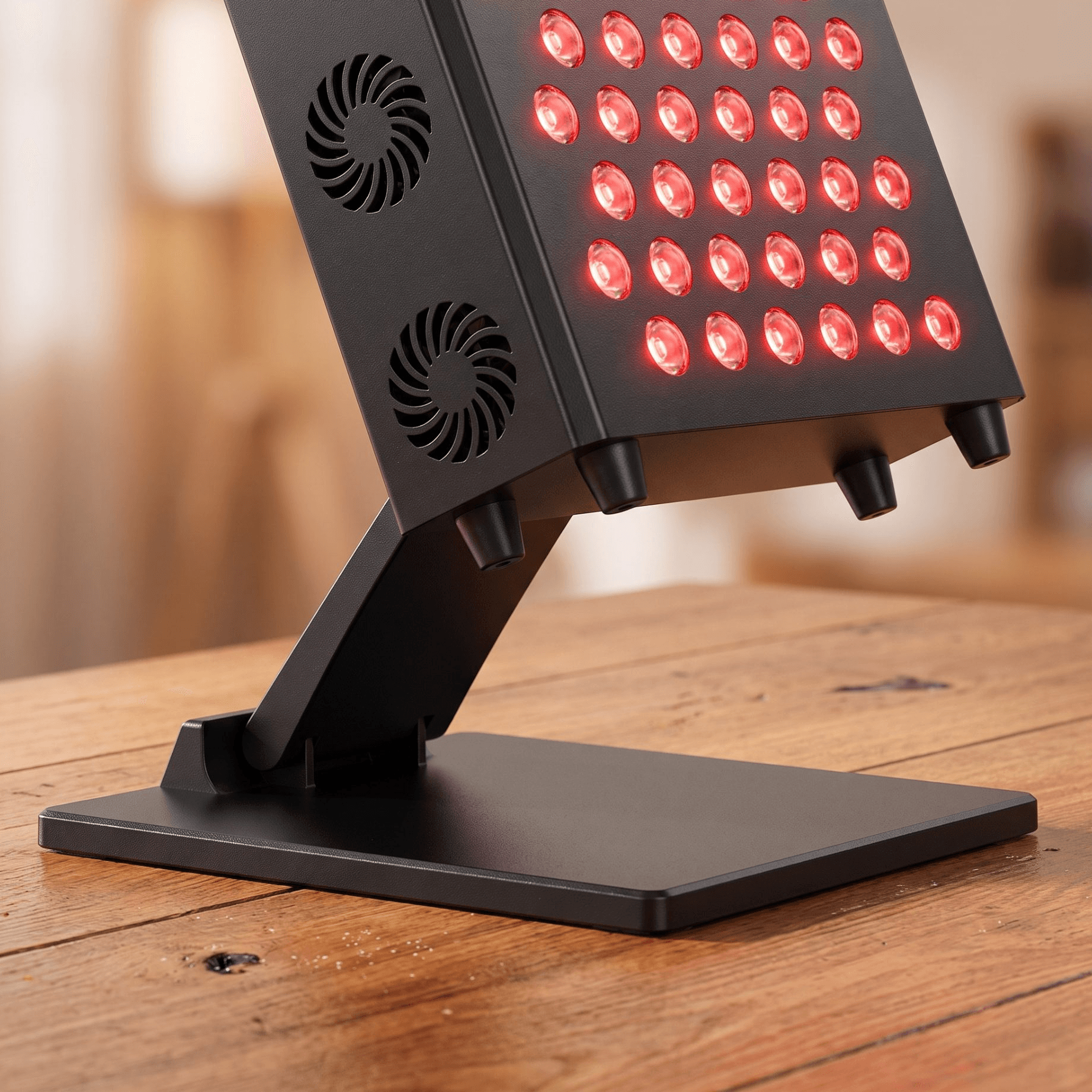Tabletop from a low angle — 72 dual-chip LEDs lit, weighted steel base, silicone feet on the wood surface