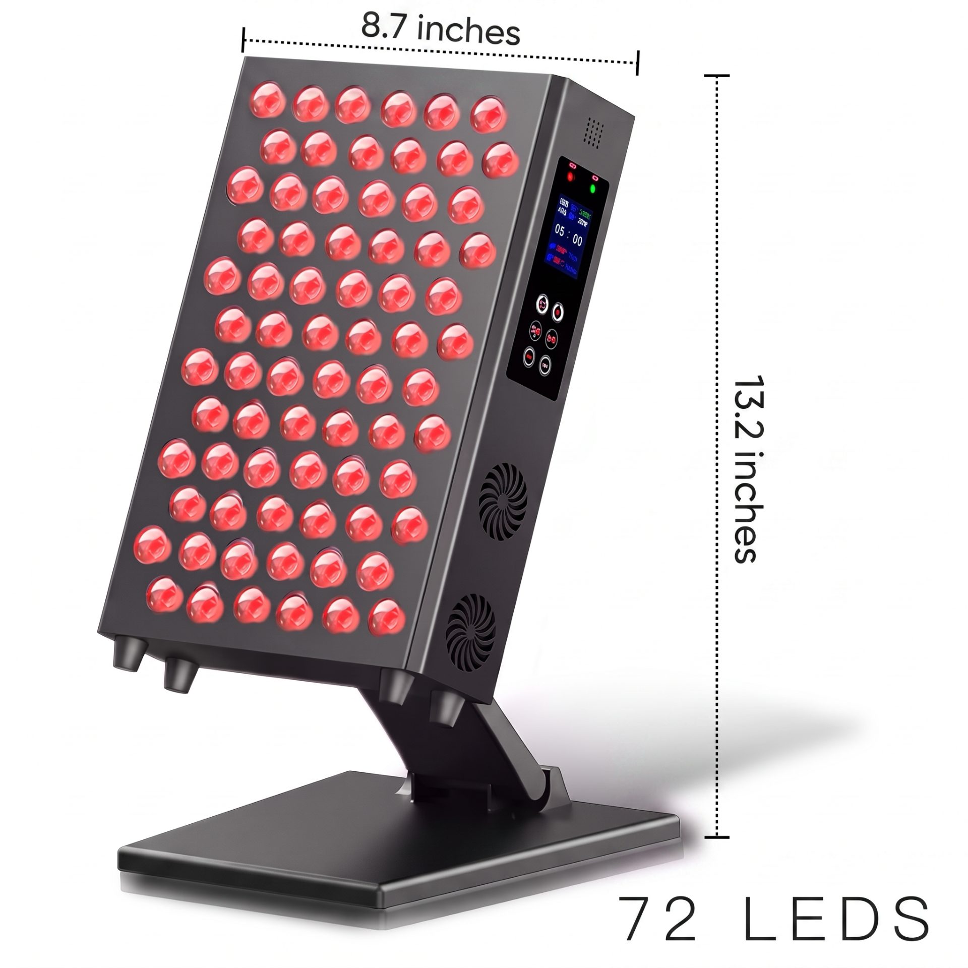 The Tabletop — 13.2 inches tall by 8.7 inches wide, 72 dual-chip LEDs in a 6 by 12 grid, weighted steel desktop stand, LCD control panel with RED and NIR indicators, 6 capacitive touch buttons
