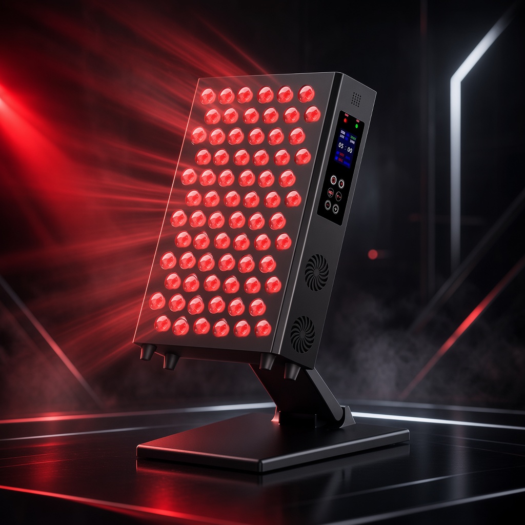 The Tabletop firing - 660nm + 850nm dual-wavelength light beams in motion, full LED array illuminated on dark background