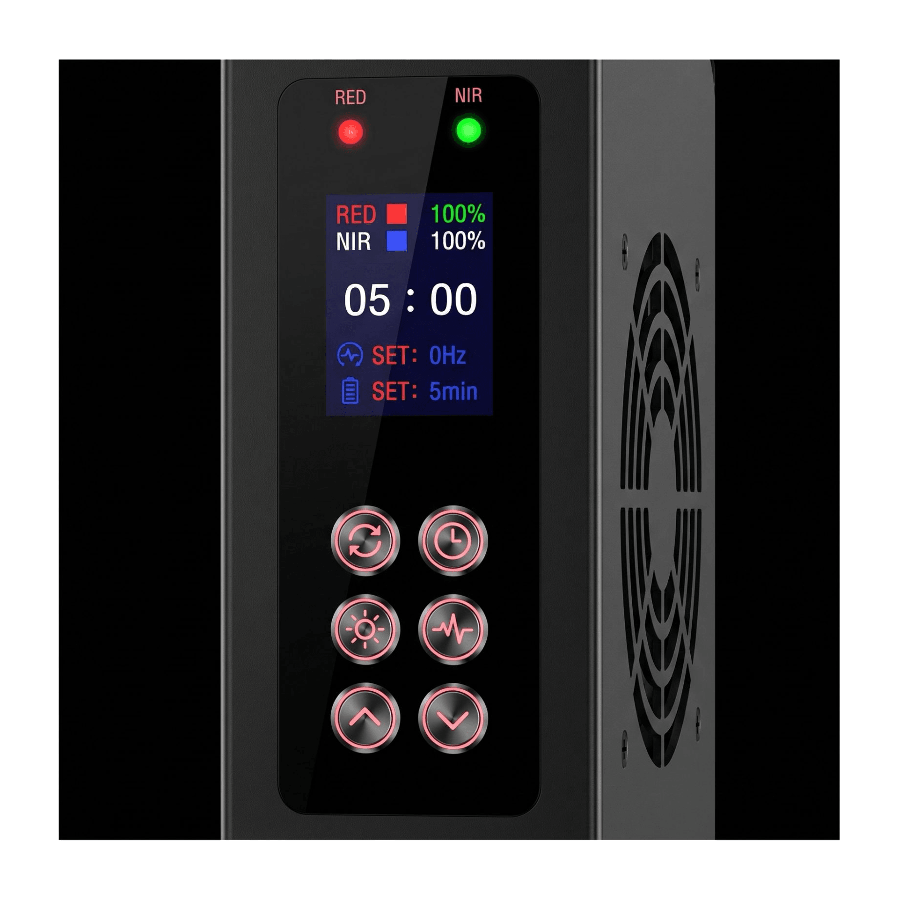 Tabletop control panel — RED and NIR indicator lights, full display showing intensity, frequency, and timer, 6 capacitive touch buttons