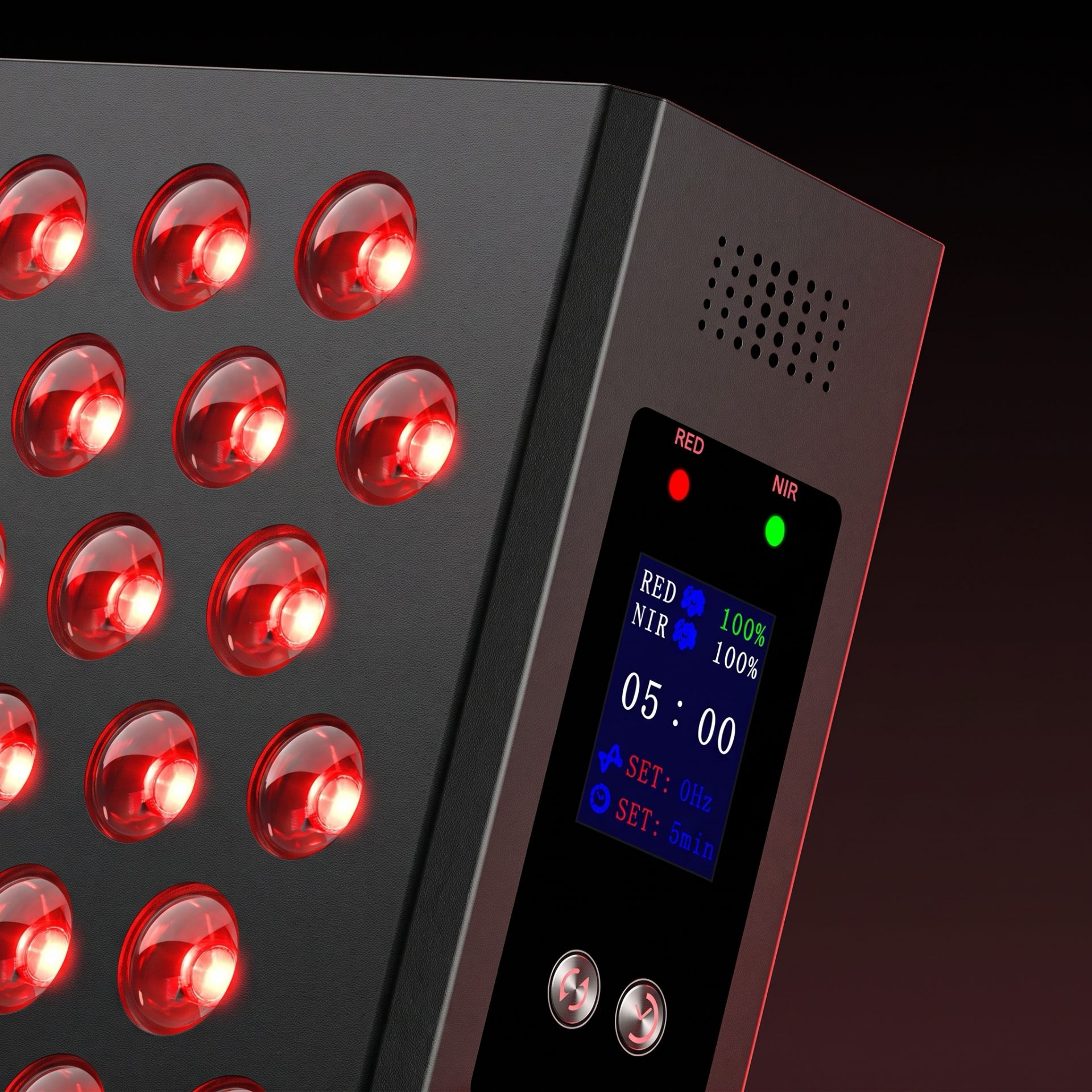 Tower from a 3/4 angle — 150 dual-chip LEDs lit, control panel with display showing RED 100 percent NIR 100 percent, dual fans visible on the side