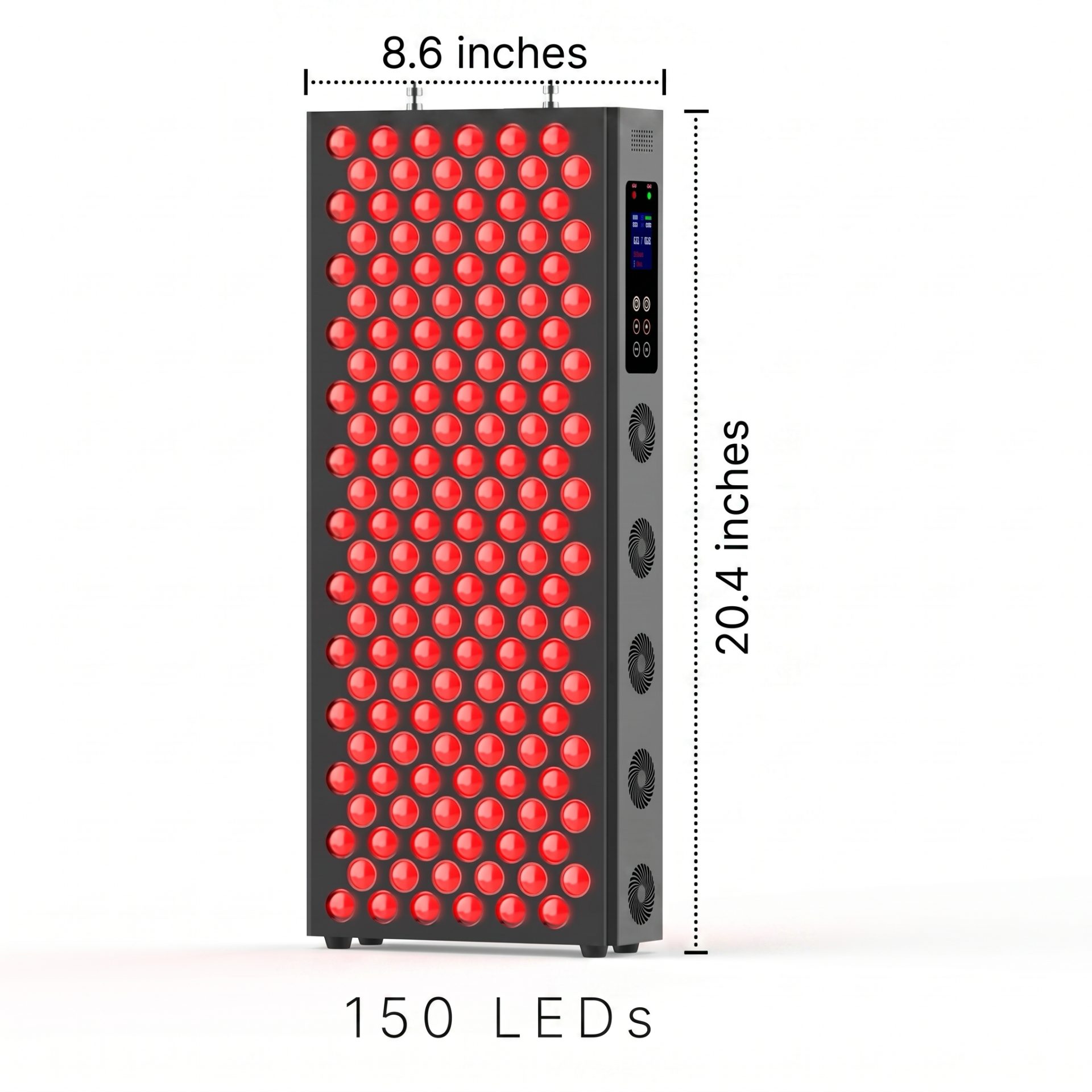 The Tower — 20.4 inches tall by 8.6 inches wide, 150 dual-chip LEDs in a 5 by 30 grid, floor-standing panel, LCD control panel with RED and NIR indicators, 6 capacitive touch buttons, dual cooling fans