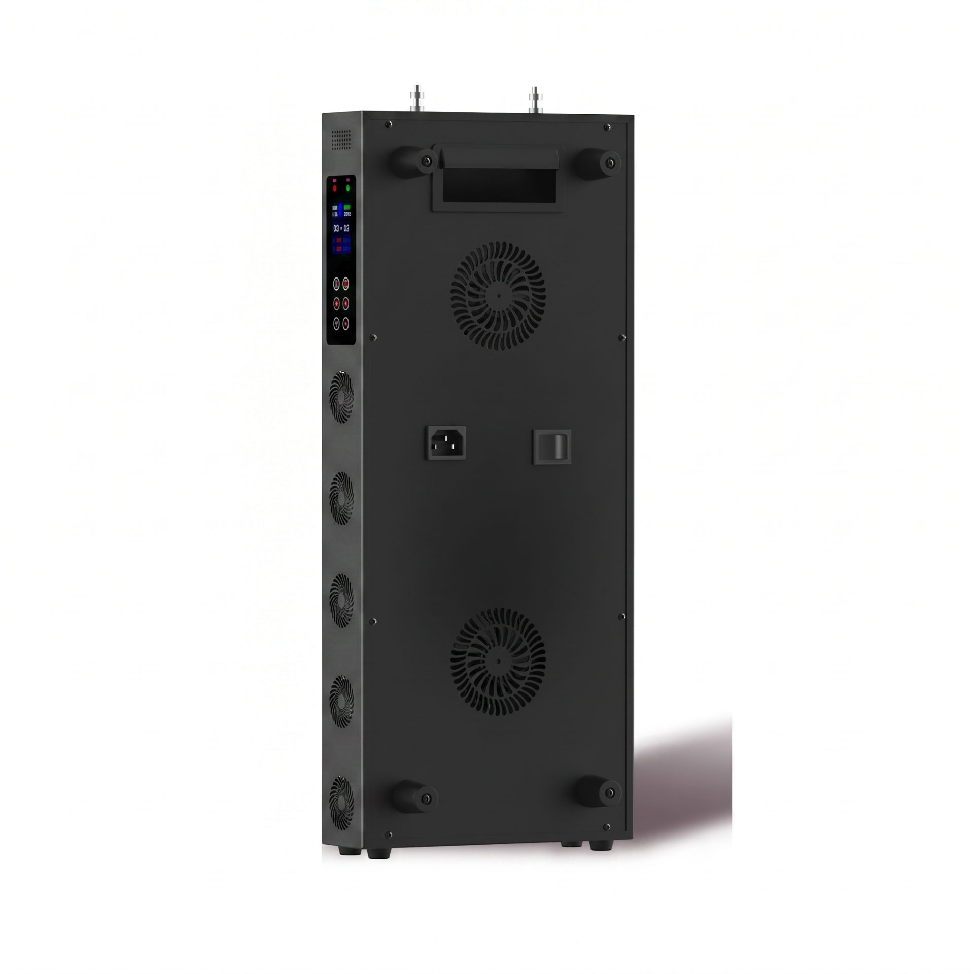 The Tower back view - rear panel showing AC power input, master power switch, dual exhaust vents for the cooling fans, and the panel's mounting hardware