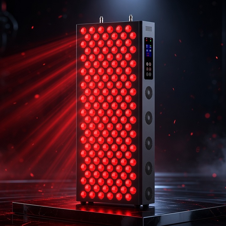 The Tower firing - 150 dual-chip LEDs illuminated on dark background with red light beams