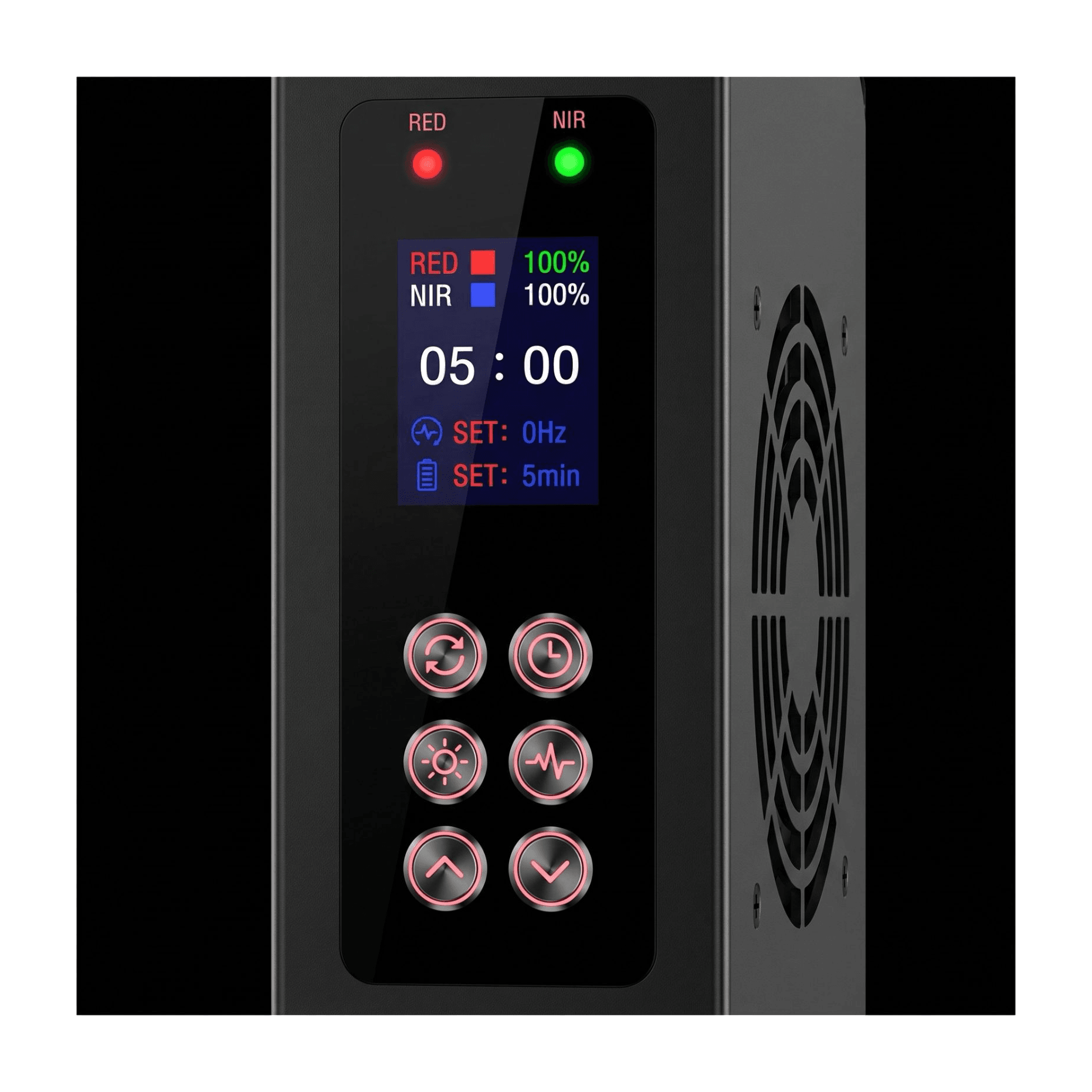 Tower control panel — RED and NIR indicator lights, full display showing intensity, frequency, and timer, 6 capacitive touch buttons, dual cooling fans