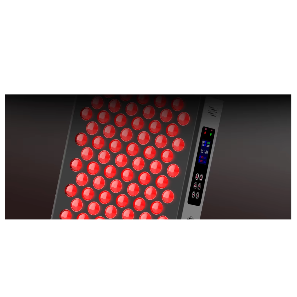 The Tower LED closeup — 150 dual-chip LEDs glowing red, full control panel display showing intensity, frequency, and timer
