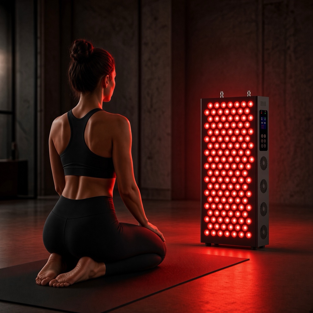 The Tower in use - a woman in workout clothes sits cross-legged on a yoga mat facing the device, all 150 LEDs firing red on a dark concrete floor, the panel washing the room in deep red light